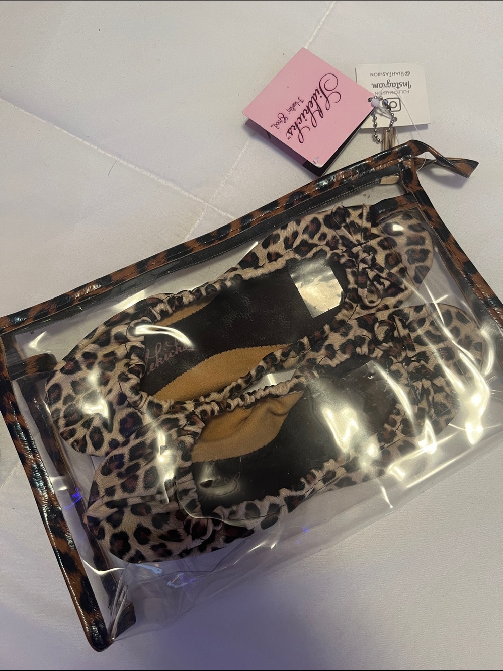 Leopard Print Foldable Ballet Flats Size S 5-6 & Clear Zipper Pouch NWT